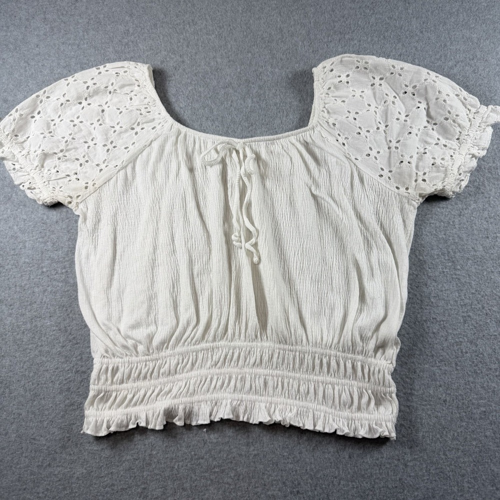 Caution To The Wind White Crop Top Smocked Eyelet Puff Sleeve Cottagecore Boho M
